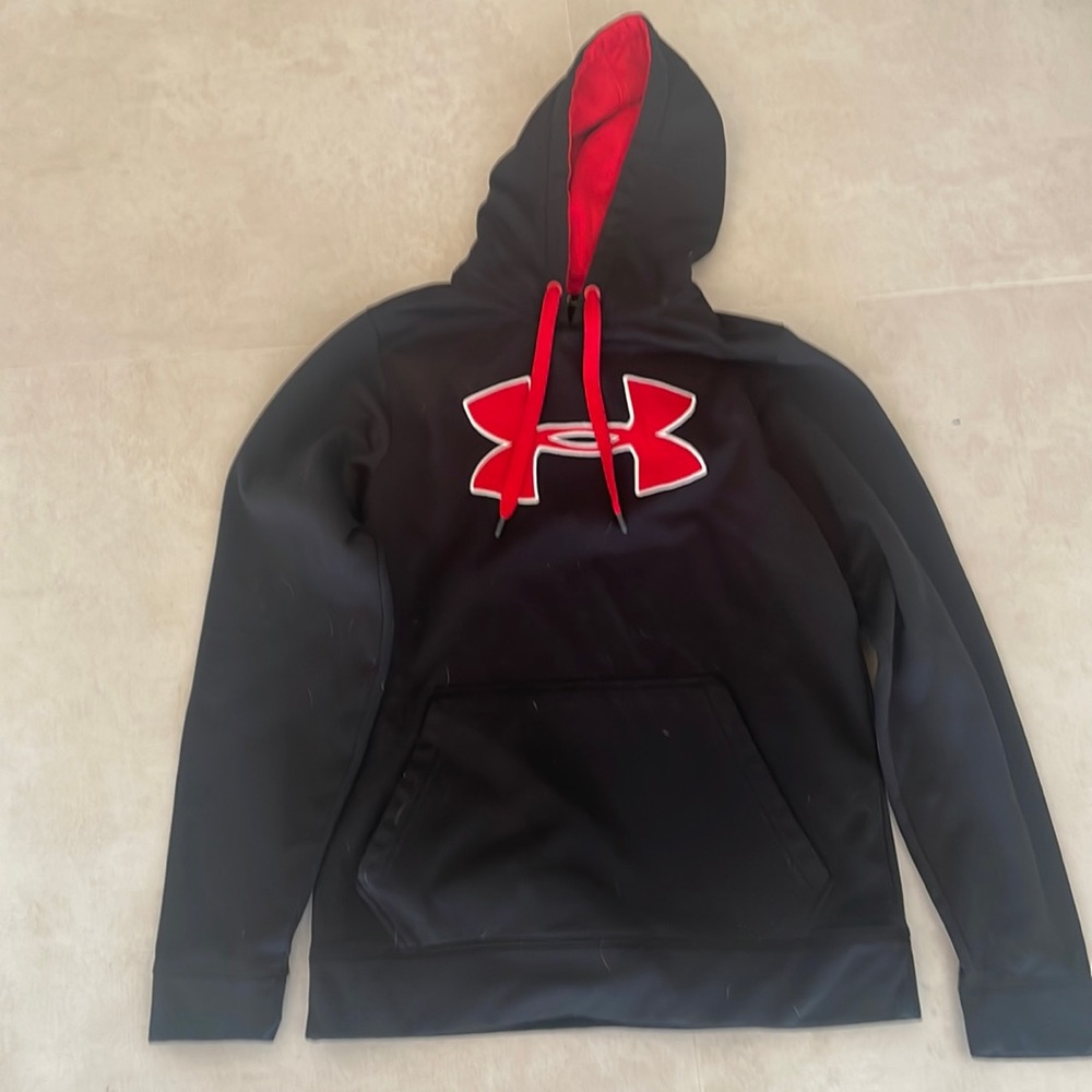 Under Armour, Men’s hoodie sweatshirt, size small, black with red U and red trim